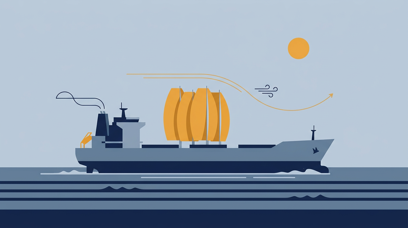 A large cargo ship with sails, representing wind assist technology, moving through the ocean.
