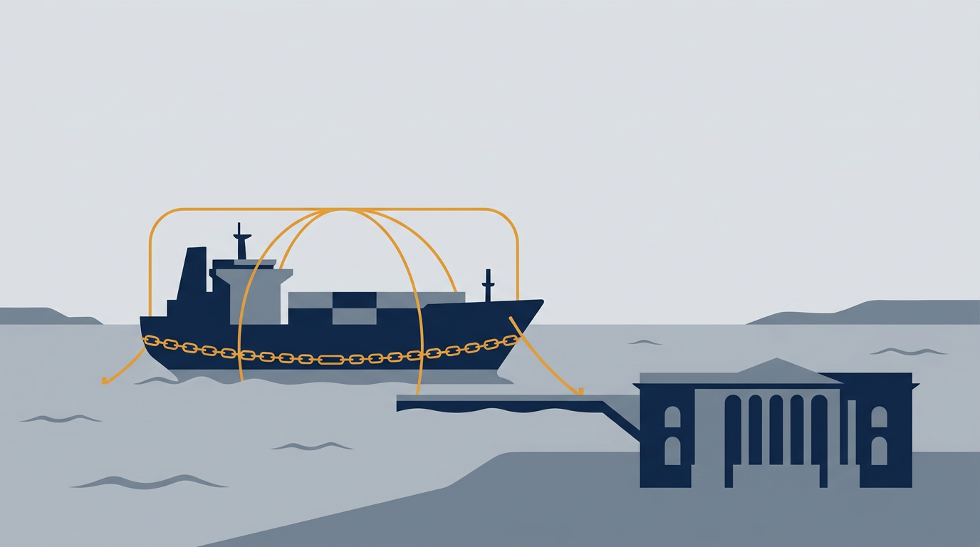A large cargo ship or tanker sailing on the open sea, representing maritime logistics and shipping.