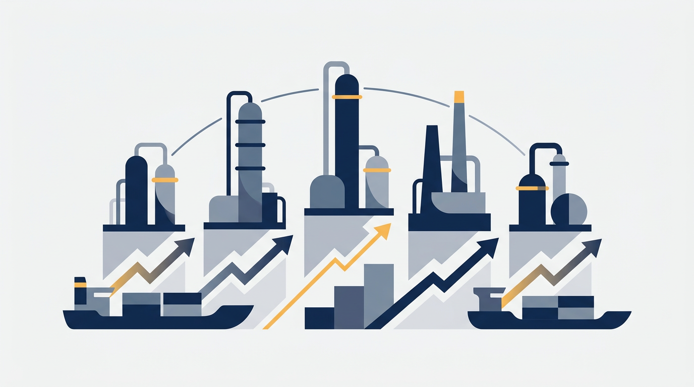 An oil refinery complex with multiple towers and pipelines under a clear sky.