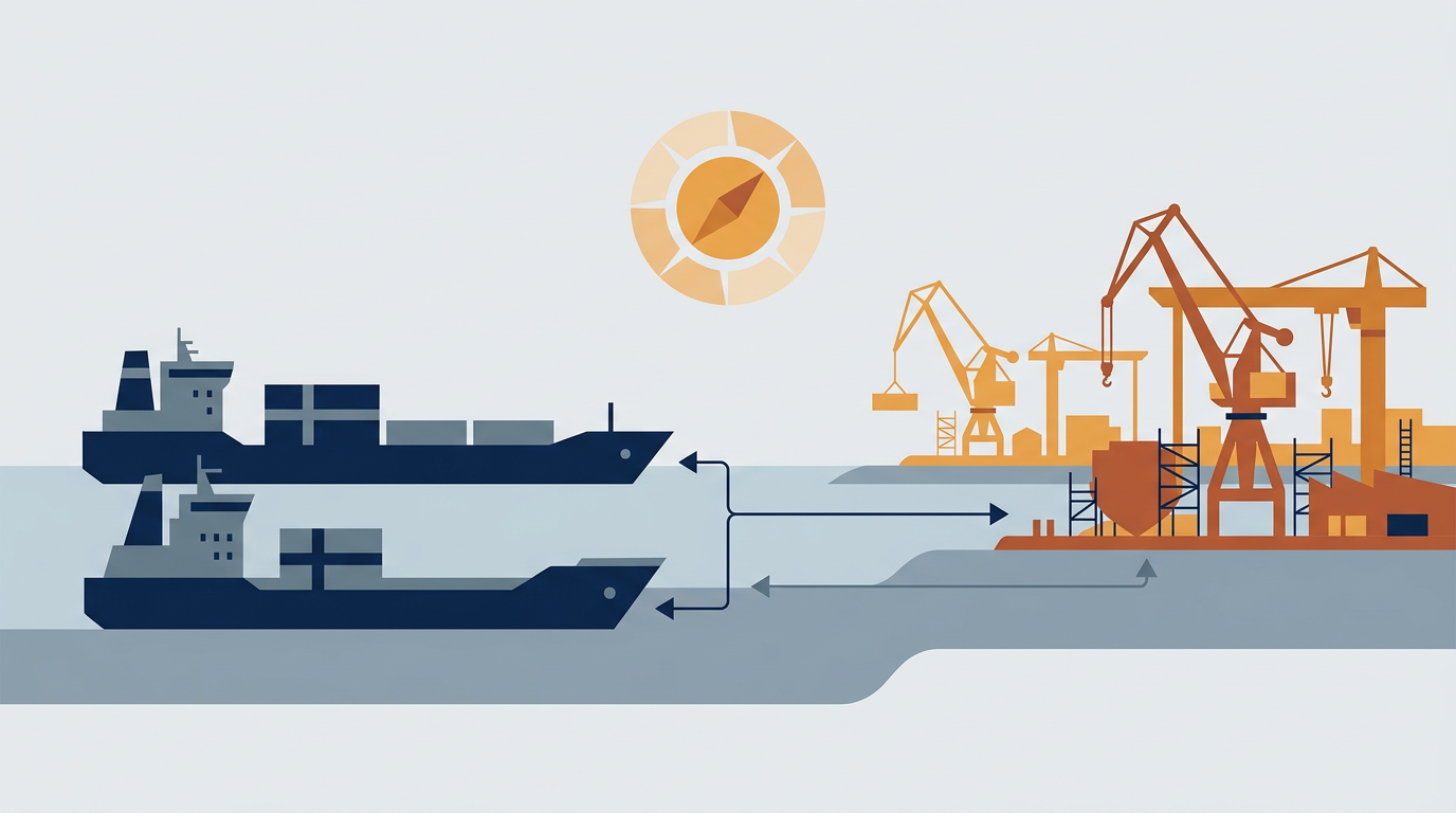 A large container ship or tanker at sea, representing maritime industry.