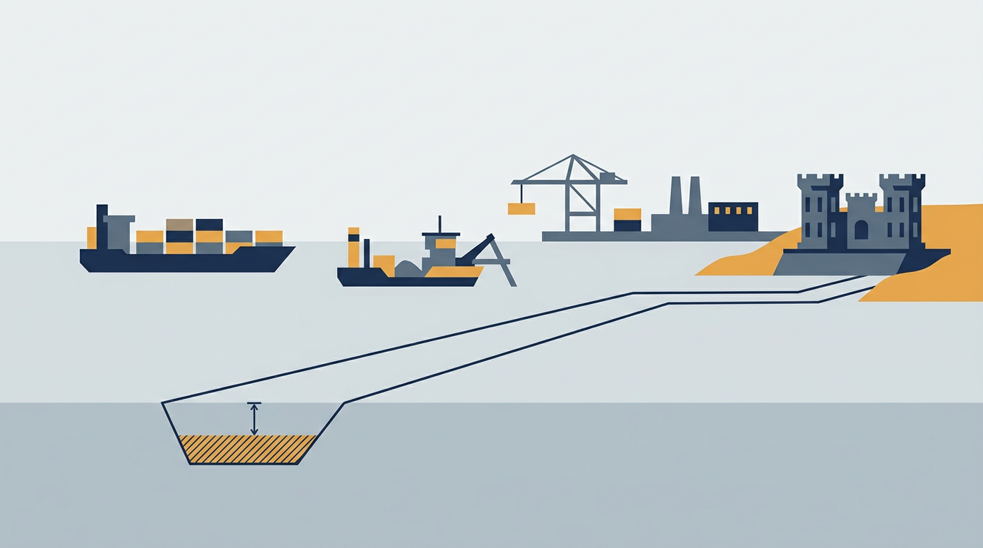 A large container ship navigating a port channel with cranes in the background.