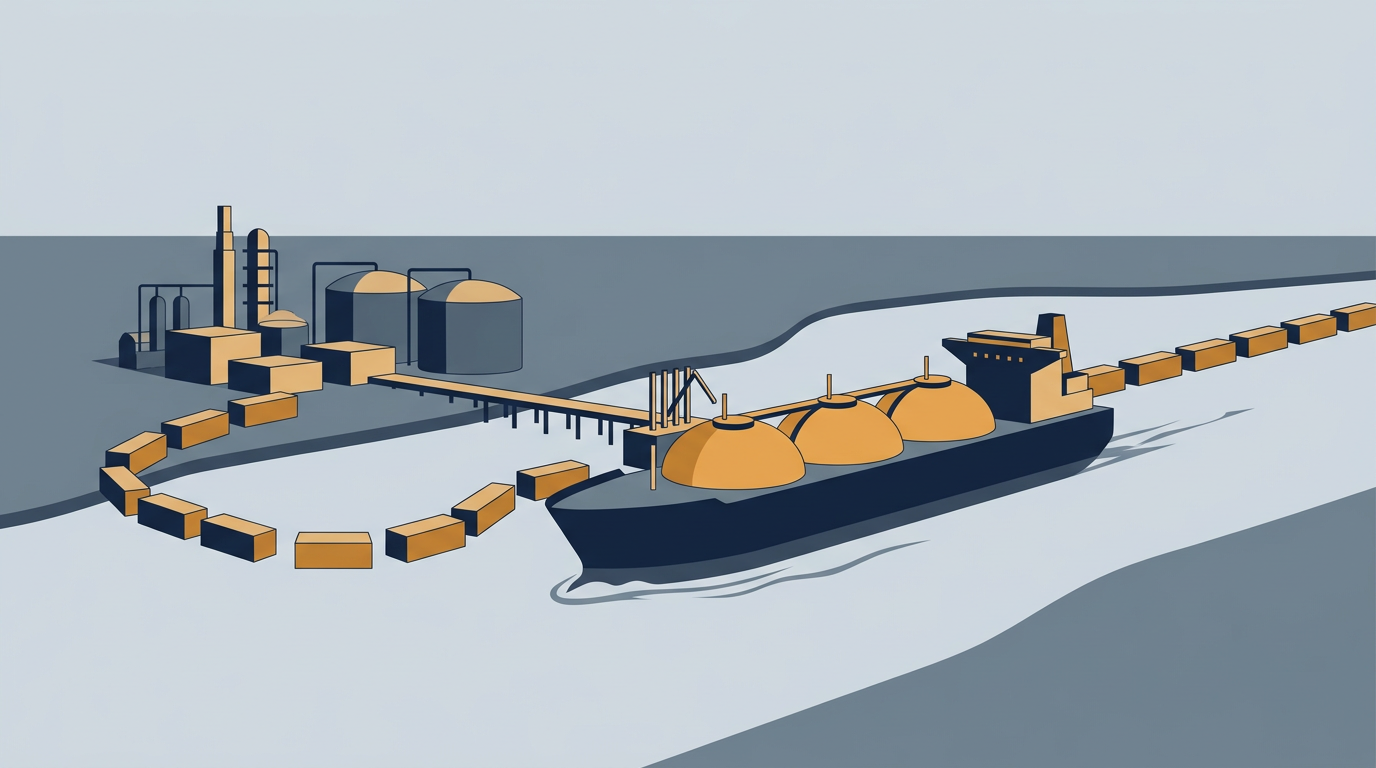 A large LNG tanker at a loading terminal, with industrial infrastructure in the background.