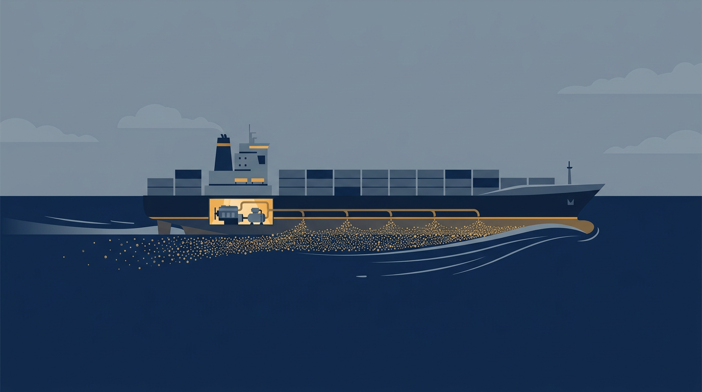 A large cargo ship moving through water, illustrating marine transportation and efficiency