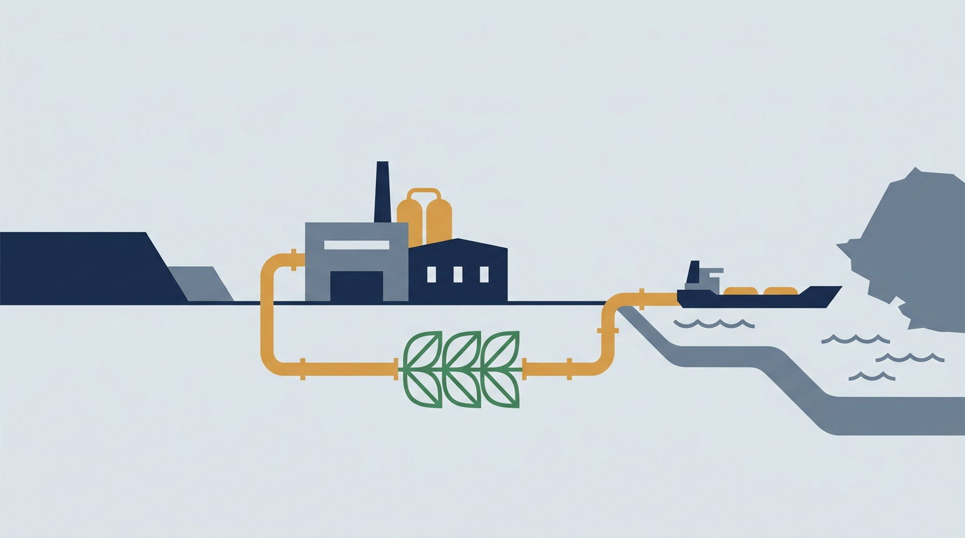 A modern biofuel refinery with pipes and storage tanks under a clear sky.