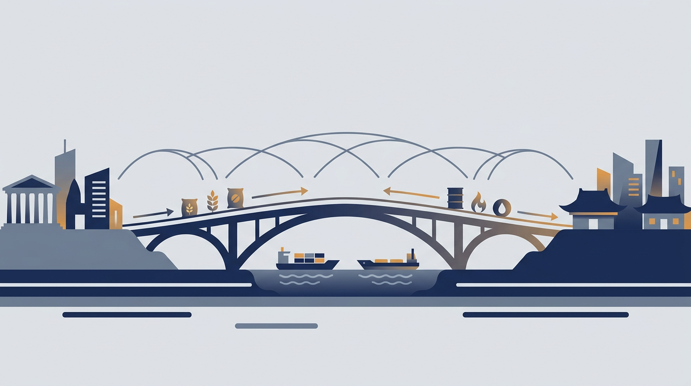 A modern cityscape with a bridge connecting two landmasses, symbolising Alkagesta's role in connecting Europe and Asia.