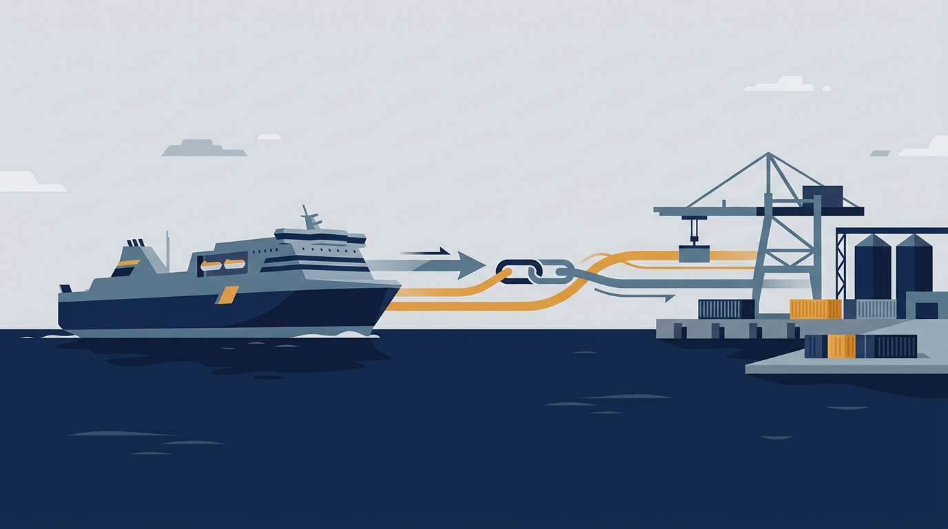 A large RoPax ferry vessel navigating open waters, representing maritime transportation and logistics.