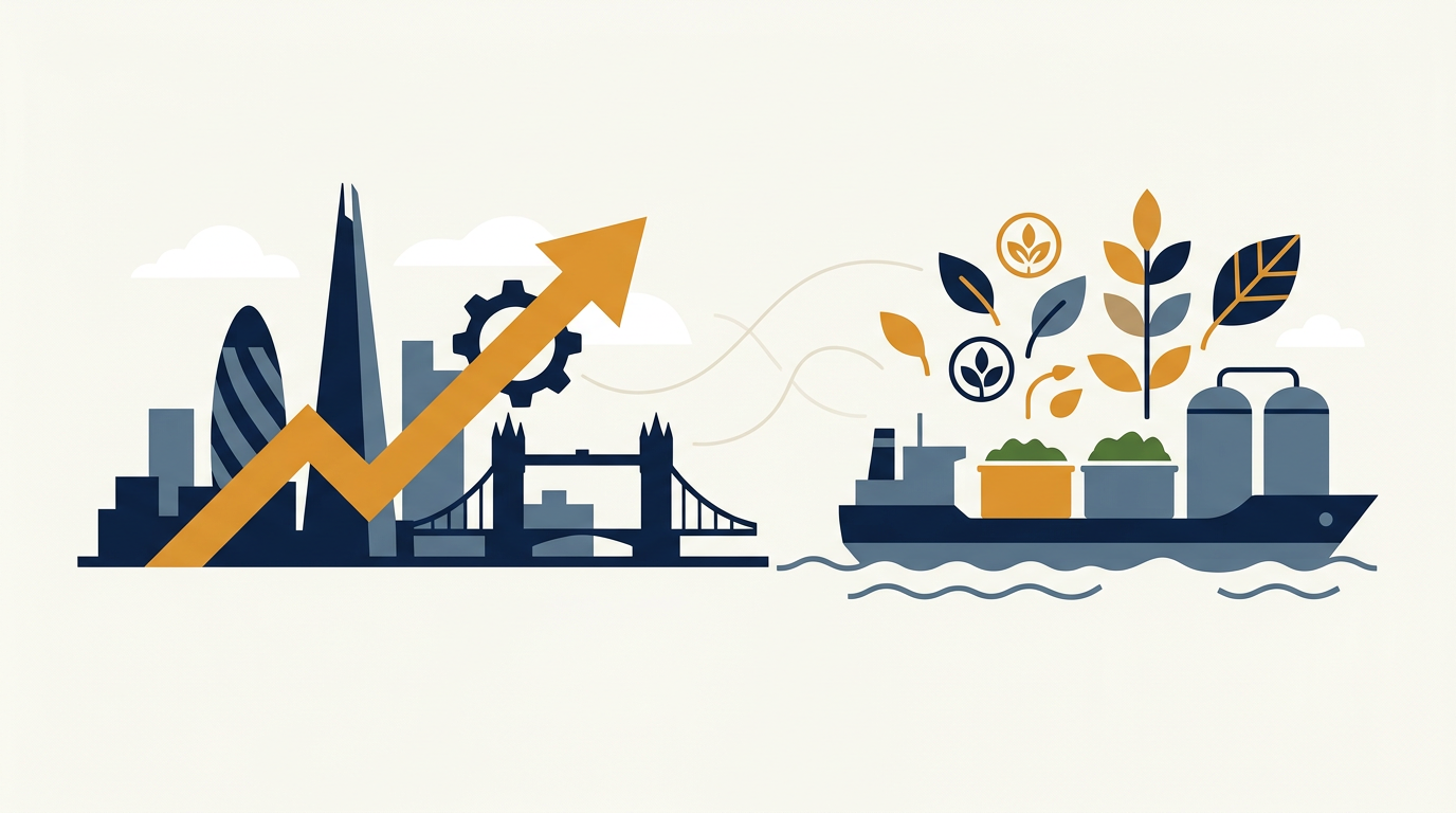 A graphic representing global trade routes and renewable energy symbols.
