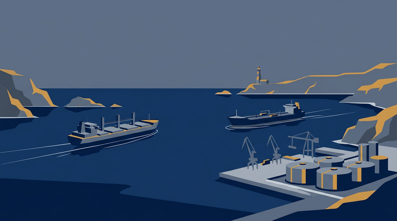 A ship carrying commodities at sea, with a port in the background