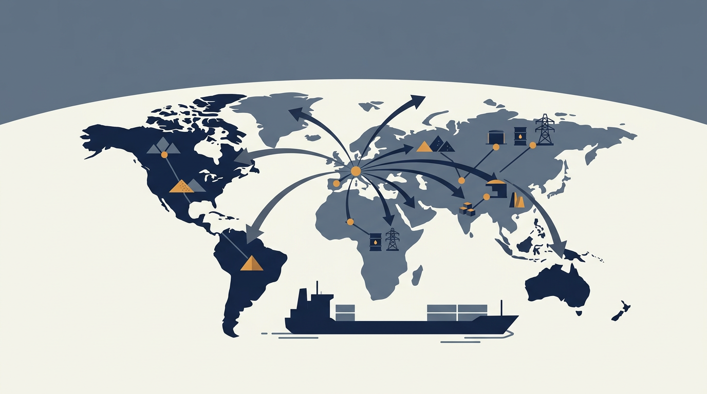 A global map with lines connecting various international cities, symbolising Alkagesta's worldwide reach in commodity trading.