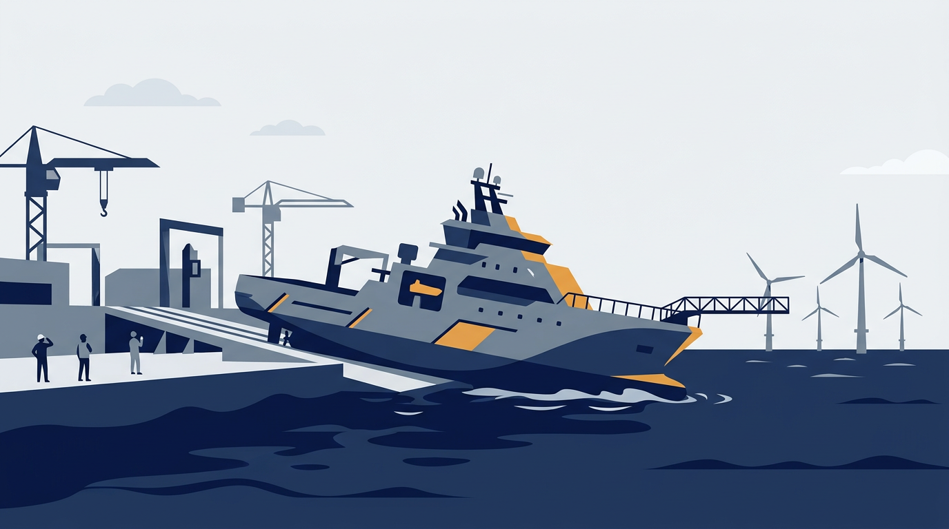 A newly launched service operation vessel (SOV) on the water.