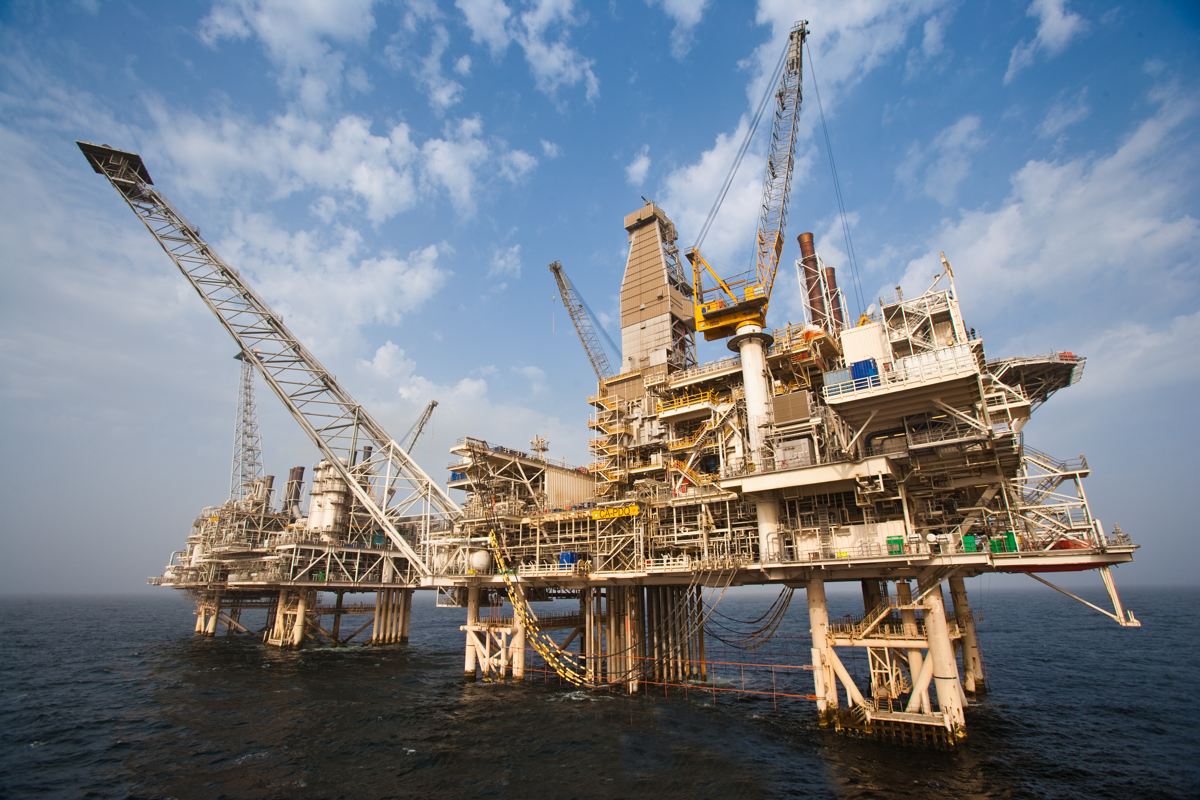 An offshore oil platform operating in the Caspian Sea.