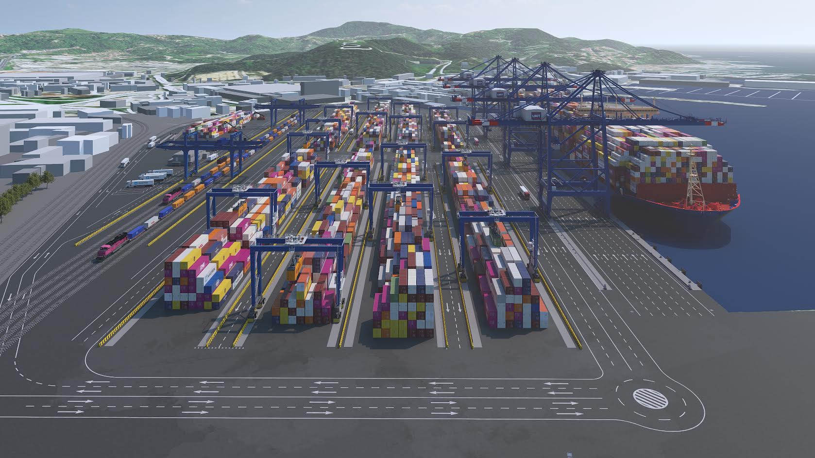 Container cranes at a busy port terminal, loading and unloading cargo from a large container ship.
