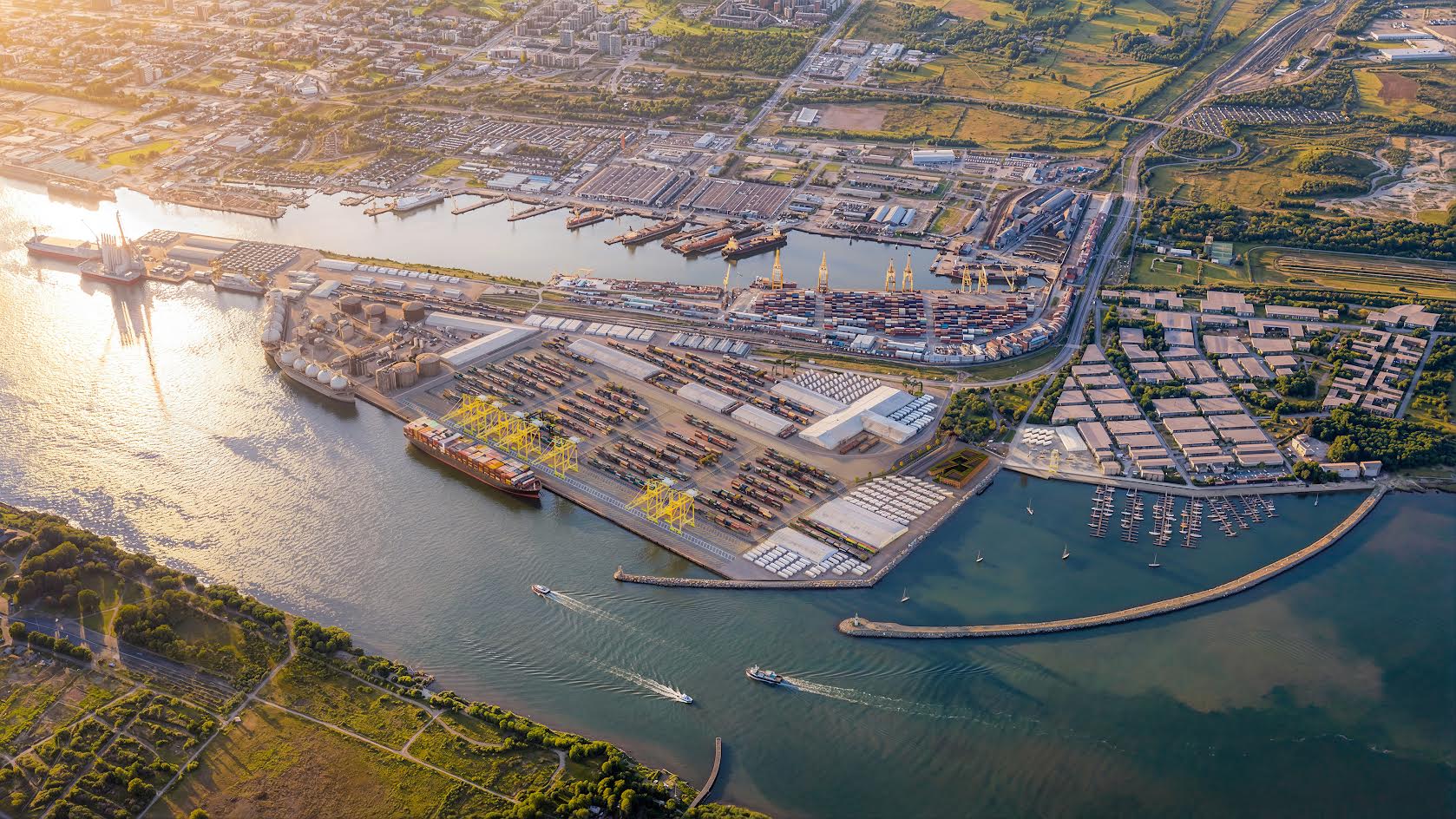 Aerial view of a large port with cargo ships and cranes, representing port expansion.