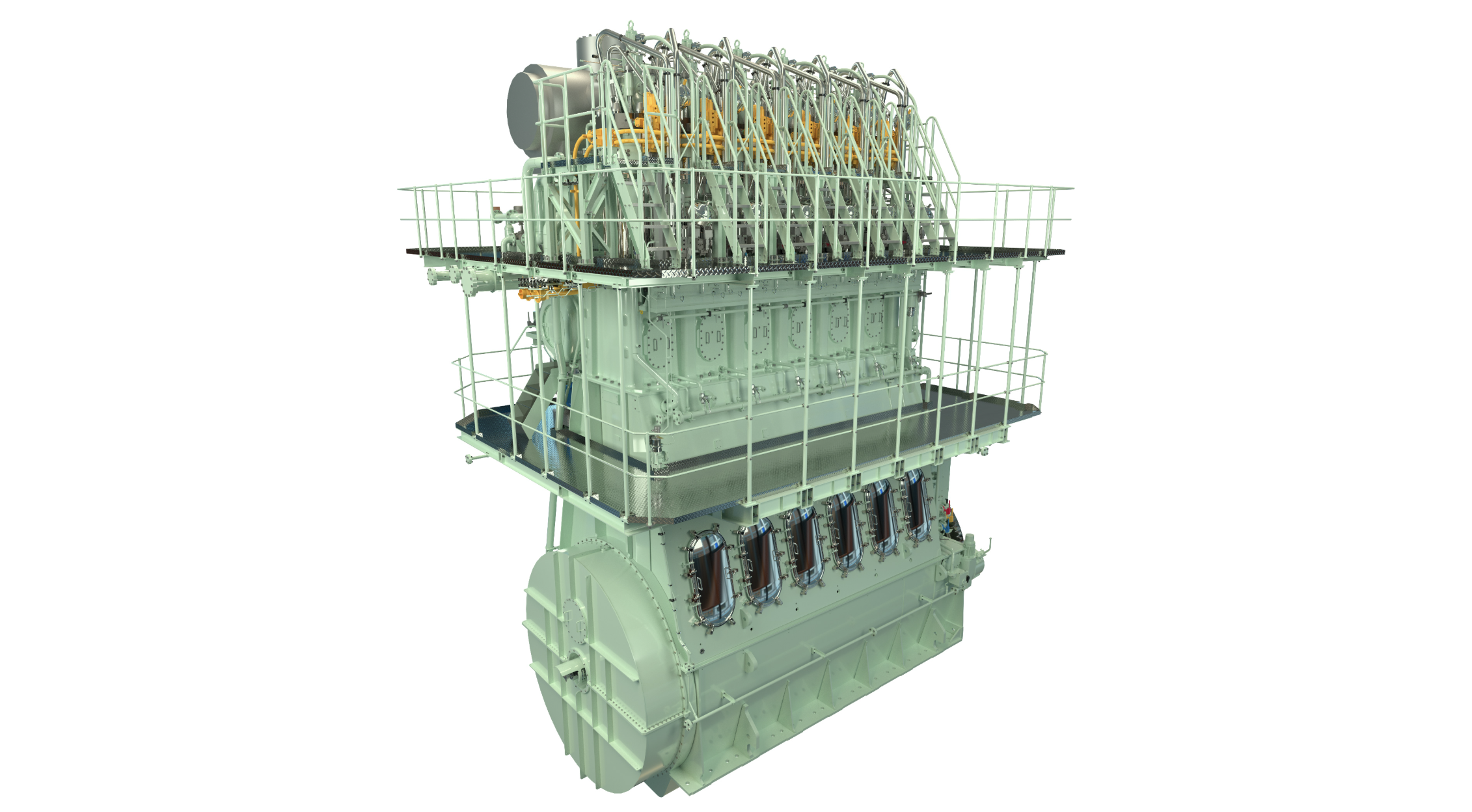 Large marine engine undergoing testing in a facility