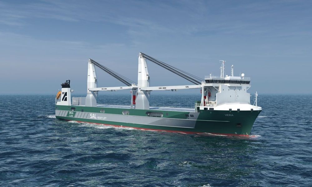 A heavy-lift vessel at sea, possibly an Orca-class ship, carrying large cargo.