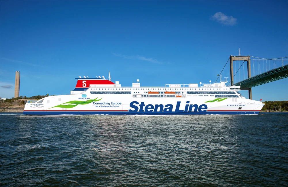 A large ferry vessel on the water, potentially a Stena Line E-Flexer class ferry.