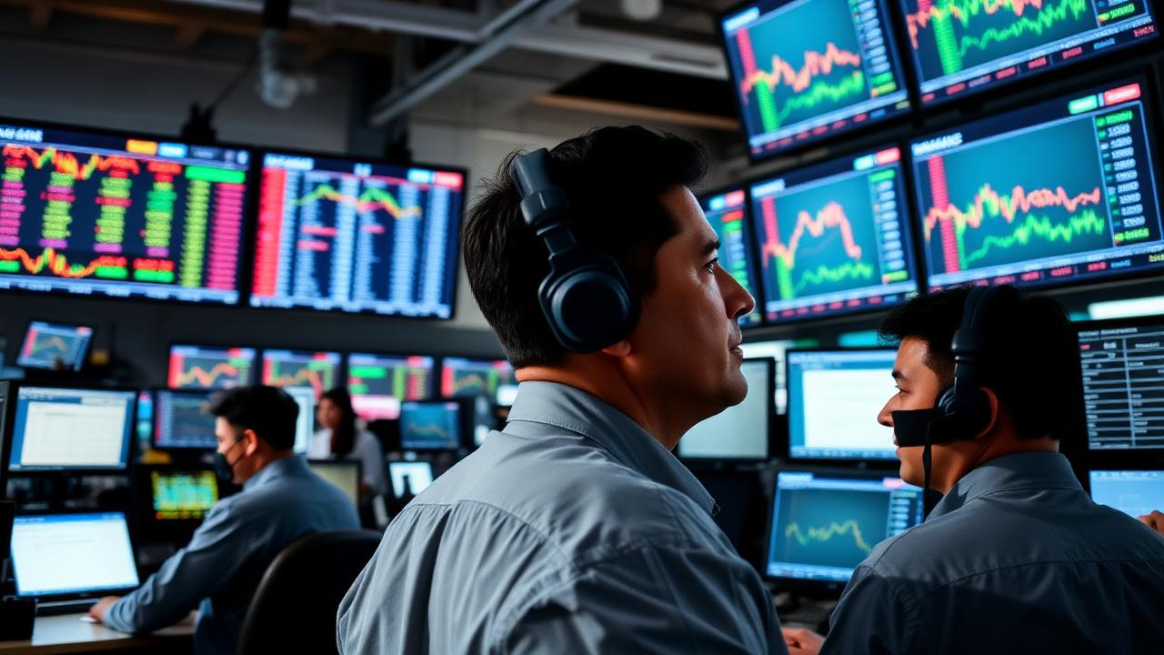 Biofuel storage tanks and a trading desk setting representing biofuels origination and feedstock trading.